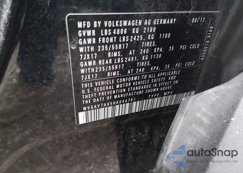 2017 Volkswagen Tiguan 2.0T/2.0T S z USA, uszkodzony, nr VIN WVGAV7AX5HK044761